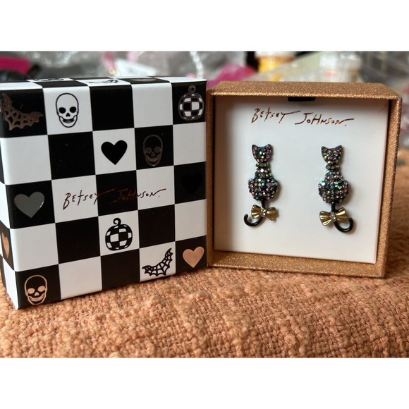 Betsey Johnson Jewelry - NWT Betsey Johnson Halloween Black Cat Pave Earrings Rhinestone Tails move
